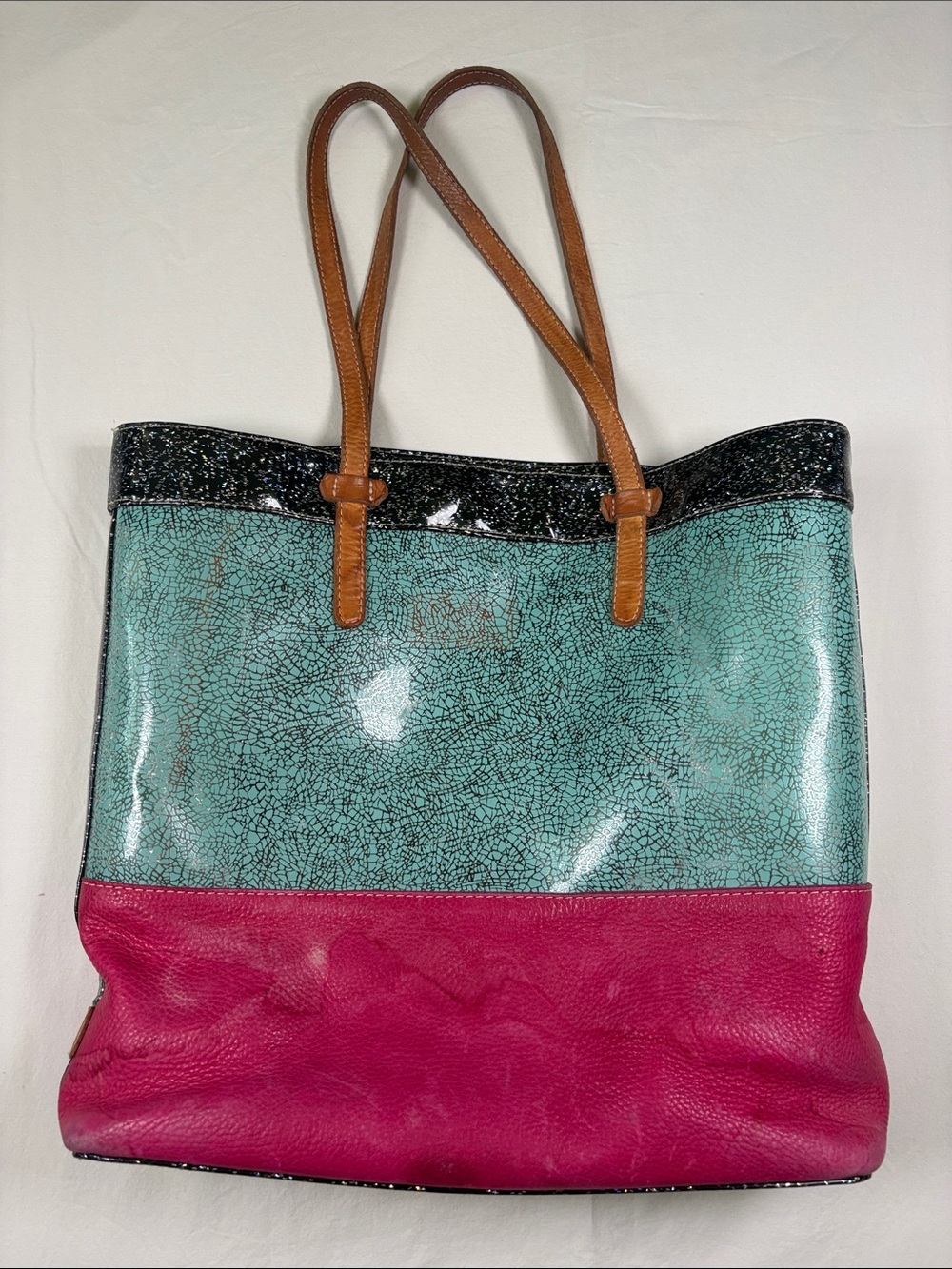 Consuela Teal and Fuchsia Colorblock Tote with Tan Straps